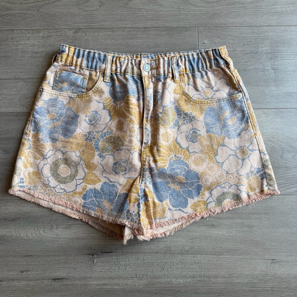 Pilcro High Waist Floral Shorts in Blue, Yellow, Cream